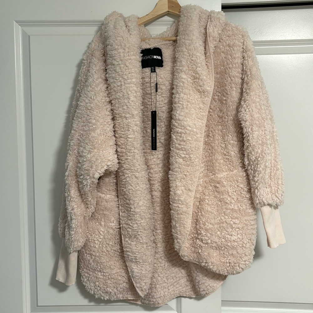 Fluffy oversized hooded coat cream oatmeal color cuff sleeves soft